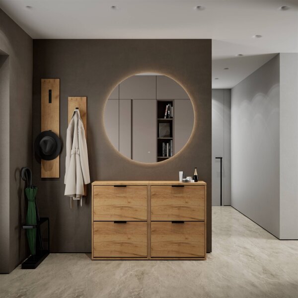 Schuhschrank STIVIO 2x 2 Klappe Gold Eiche 60 cm, LED Spiegel rund ohne Rahmen 100 cm (2 Lichtstufen)