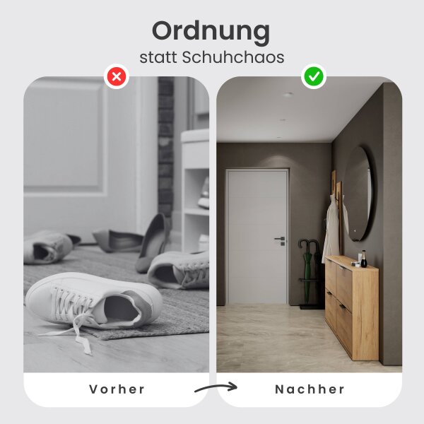 Schuhschrank STIVIO 2x 2 Klappe Gold Eiche 60 cm, LED Spiegel rund ohne Rahmen 100 cm (2 Lichtstufen)