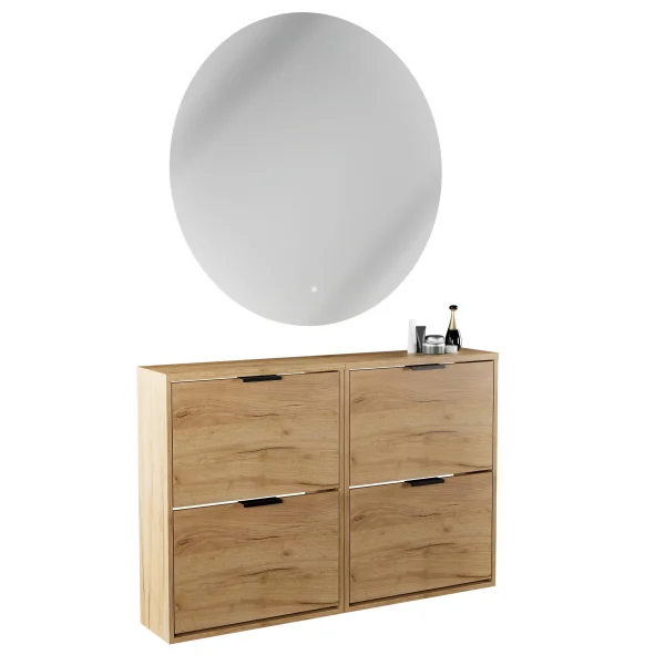 Meuble à chaussures STIVIO 2x 2 portes battantes, chêne doré, 60 cm, miroir rond sans cadre à LED, 100 cm (2 intensités déclairage)