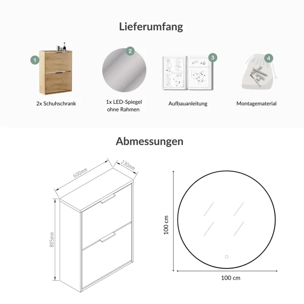 Meuble à chaussures STIVIO 2x 2 portes battantes, chêne doré, 60 cm, miroir rond sans cadre à LED, 100 cm (2 intensités déclairage)