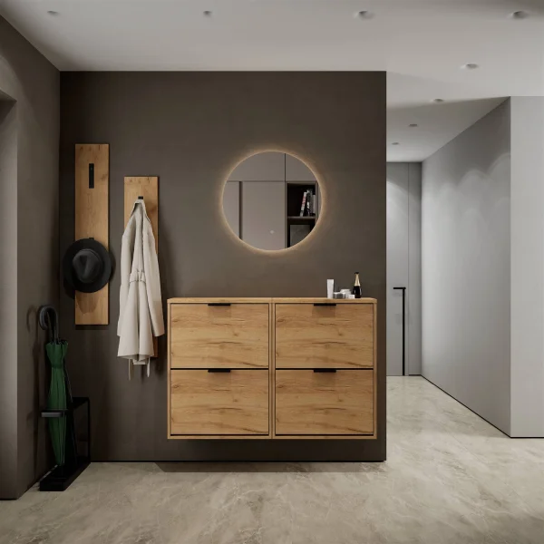 Armoire à chaussures STIVIO 2x 2 portes battantes, chêne doré, 60 cm, miroir rond sans cadre à LED, 60 cm (2 intensités déclairage)