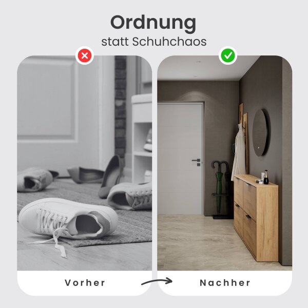 Schuhschrank STIVIO 2x 2 Klappe Gold Eiche 60 cm, LED Spiegel rund ohne Rahmen 60 cm (2 Lichtstufen)