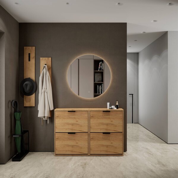 Schuhschrank STIVIO 2x 2 Klappe Gold Eiche 60 cm, LED Spiegel rund ohne Rahmen 80 cm (2 Lichtstufen)