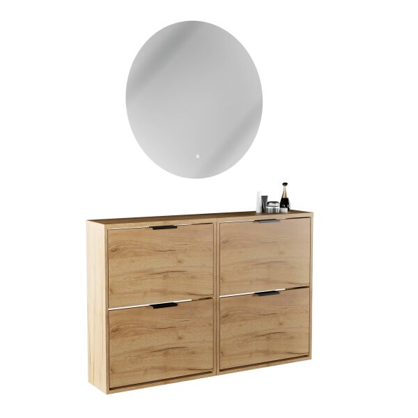 Schuhschrank STIVIO 2x 2 Klappe Gold Eiche 60 cm, LED Spiegel rund ohne Rahmen 80 cm (2 Lichtstufen)