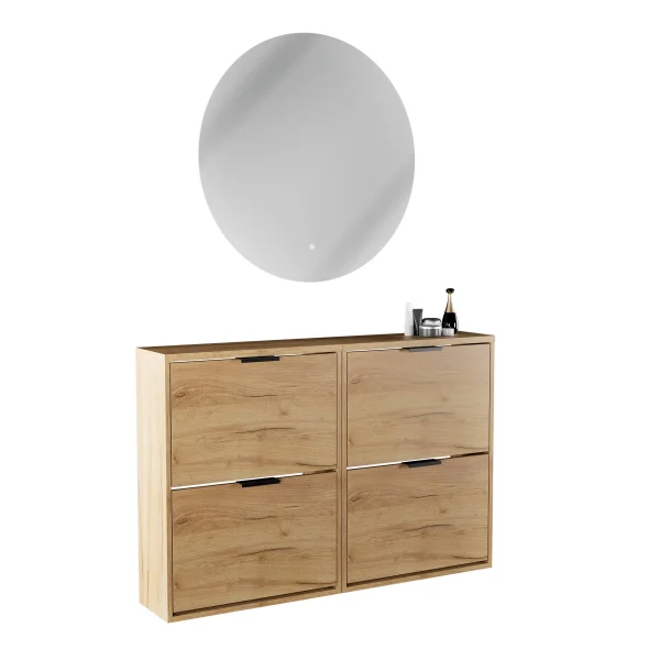 Armario para zapatos STIVIO con 2 puertas abatibles, roble dorado, 60 cm; espejo redondo con LED sin marco, 80 cm (2 intensidades de luz)