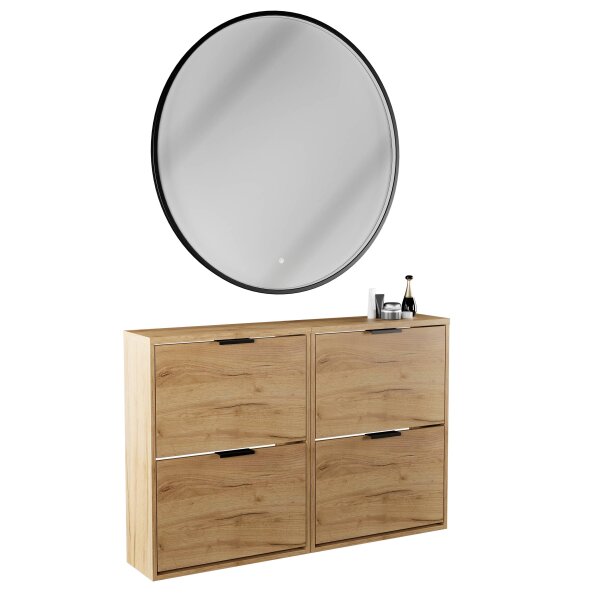 Schuhschrank STIVIO 2x 2 Klappe Gold Eiche 60 cm, LED Spiegel rund mit Rahmen 100 cm (3 Lichtstufen)