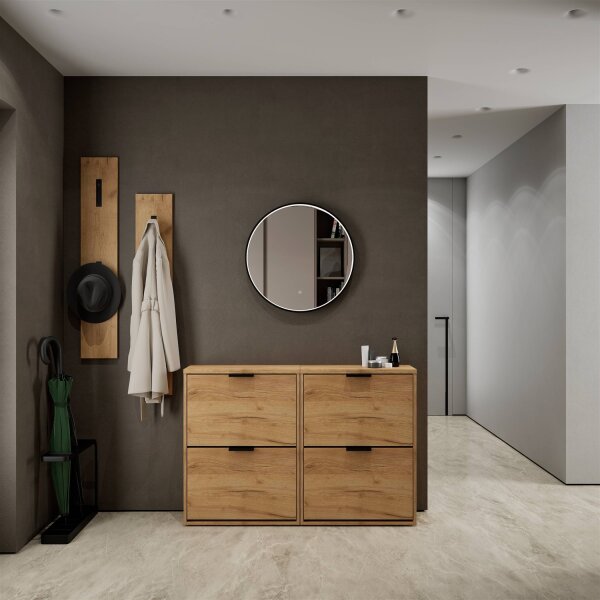 Schuhschrank STIVIO 2x 2 Klappe Gold Eiche 60 cm, LED Spiegel rund mit Rahmen 60 cm (3 Lichtstufen)