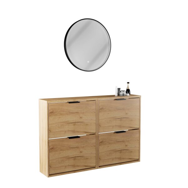 Schuhschrank STIVIO 2x 2 Klappe Gold Eiche 60 cm, LED Spiegel rund mit Rahmen 60 cm (3 Lichtstufen)