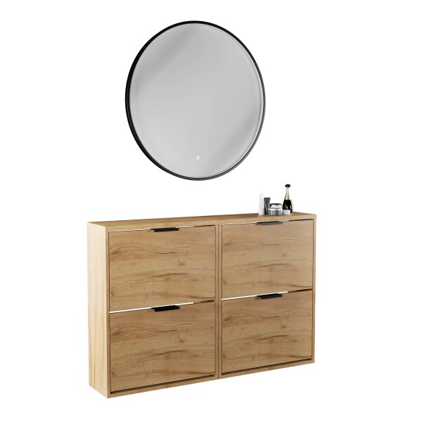 Schuhschrank STIVIO 2x 2 Klappe Gold Eiche 60 cm, LED Spiegel rund mit Rahmen 80 cm (3 Lichtstufen)