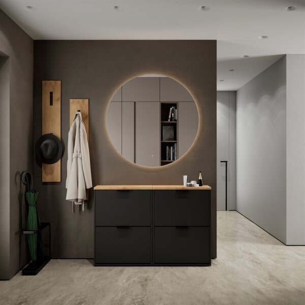 Schuhschrank STIVIO 2x 2 Klappe Schwarz 60 cm, LED Spiegel rund ohne Rahmen 100 cm (2 Lichtstufen)