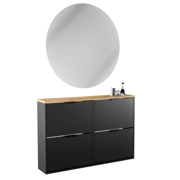 Armario para zapatos STIVIO con 2 puertas abatibles, negro, 60 cm; espejo redondo con LED sin marco, 100 cm (2 intensidades de luz)