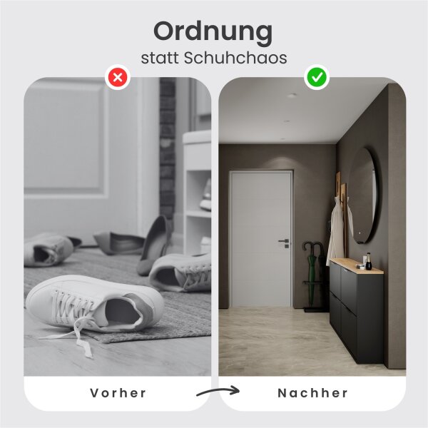 Schuhschrank STIVIO 2x 2 Klappe Schwarz 60 cm, LED Spiegel rund ohne Rahmen 100 cm (2 Lichtstufen)