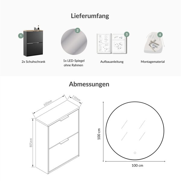 Schuhschrank STIVIO 2x 2 Klappe Schwarz 60 cm, LED Spiegel rund ohne Rahmen 100 cm (2 Lichtstufen)