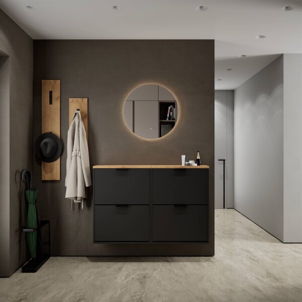 Schuhschrank STIVIO 2x 2 Klappe Schwarz 60 cm, LED Spiegel rund ohne Rahmen 60 cm (2 Lichtstufen)