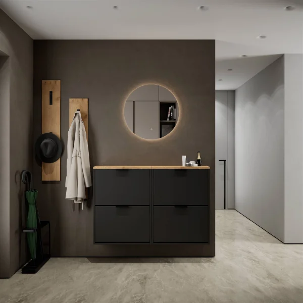 Armoire à chaussures STIVIO 2x 2 portes battantes, noire, 60 cm, miroir rond sans cadre avec éclairage LED, 60 cm (2 intensités lumineuses)