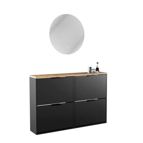 Armoire à chaussures STIVIO 2x 2 portes battantes, noire, 60 cm, miroir rond sans cadre avec éclairage LED, 60 cm (2 intensités lumineuses)