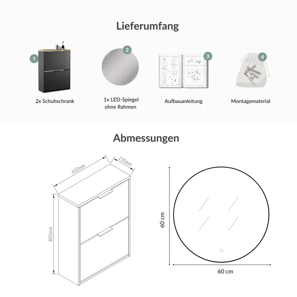 Armoire à chaussures STIVIO 2x 2 portes battantes, noire, 60 cm, miroir rond sans cadre avec éclairage LED, 60 cm (2 intensités lumineuses)