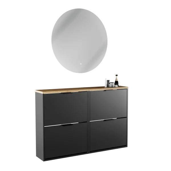 Armoire à chaussures STIVIO 2x 2 portes battantes, noire, 60 cm ; miroir rond sans cadre à LED, 80 cm (2 intensités déclairage)