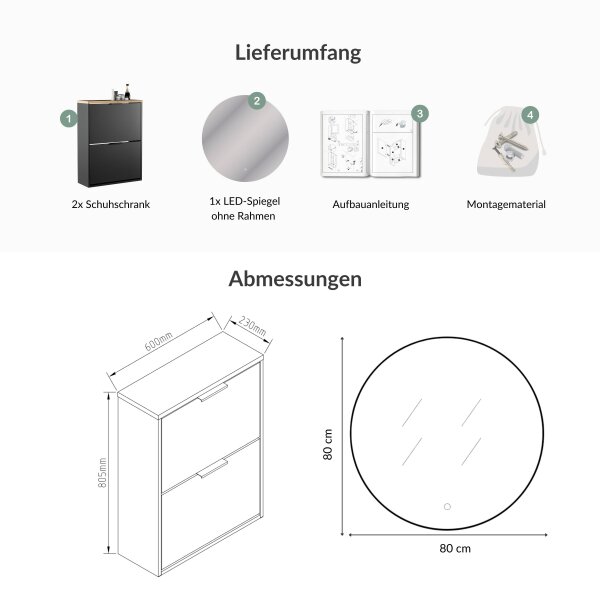 Schuhschrank STIVIO 2x 2 Klappe Schwarz 60 cm, LED Spiegel rund ohne Rahmen 80 cm (2 Lichtstufen)