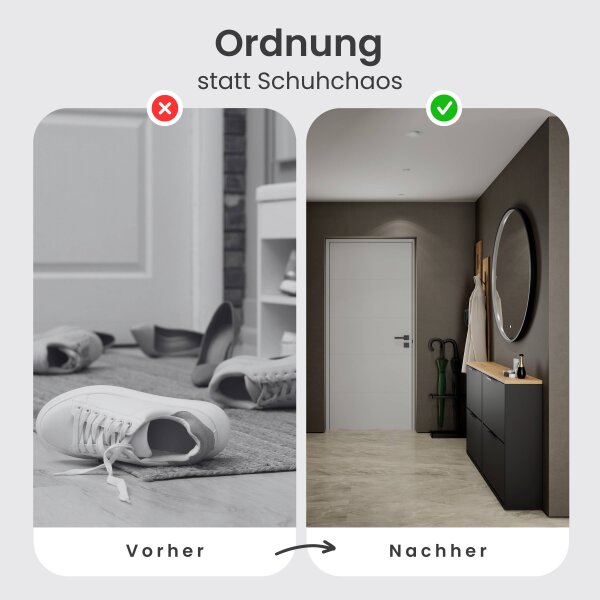 Schuhschrank STIVIO 2x 2 Klappe Schwarz 60 cm, LED Spiegel rund mit Rahmen 100 cm (3 Lichtstufen)