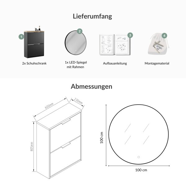 Schuhschrank STIVIO 2x 2 Klappe Schwarz 60 cm, LED Spiegel rund mit Rahmen 100 cm (3 Lichtstufen)