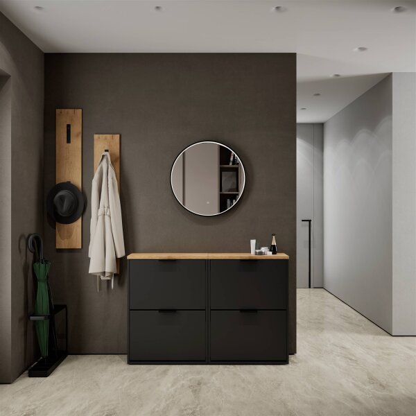 Schuhschrank STIVIO 2x 2 Klappe Schwarz 60 cm, LED Spiegel rund mit Rahmen 60 cm (3 Lichtstufen)