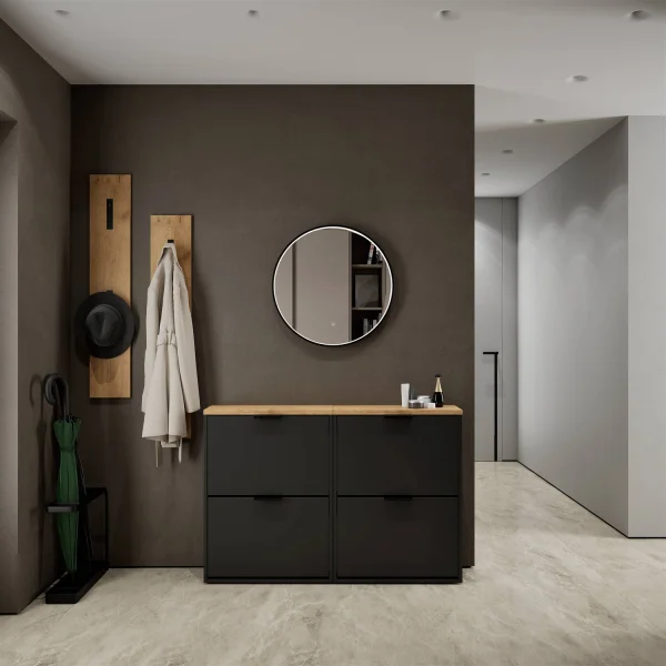 Meuble à chaussures STIVIO 2x 2 portes battantes noir 60 cm, miroir rond à LED avec cadre 60 cm (3 intensités déclairage)