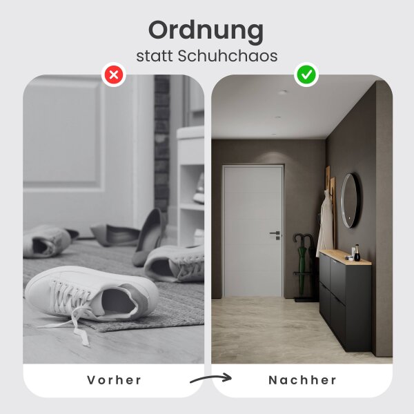 Schuhschrank STIVIO 2x 2 Klappe Schwarz 60 cm, LED Spiegel rund mit Rahmen 60 cm (3 Lichtstufen)