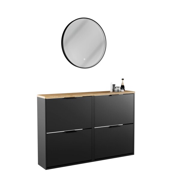 Schuhschrank STIVIO 2x 2 Klappe Schwarz 60 cm, LED Spiegel rund mit Rahmen 60 cm (3 Lichtstufen)