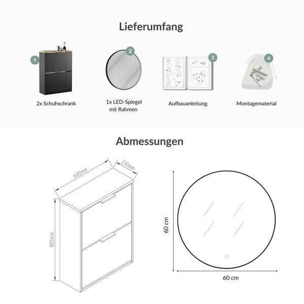 Meuble à chaussures STIVIO 2x 2 portes battantes noir 60 cm, miroir rond à LED avec cadre 60 cm (3 intensités déclairage)