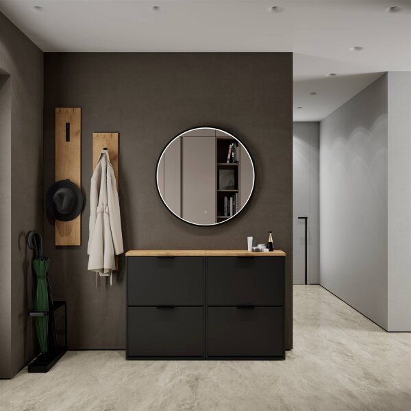 Schuhschrank STIVIO 2x 2 Klappe Schwarz 60 cm, LED Spiegel rund mit Rahmen 80 cm (3 Lichtstufen)