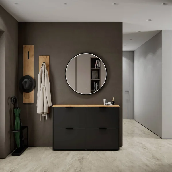 Armoire à chaussures STIVIO 2x 2 portes battantes, noire, 60 cm, miroir rond à LED avec cadre, 80 cm (3 intensités déclairage)