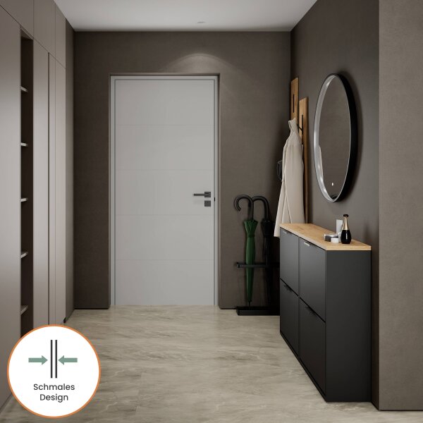 Schuhschrank STIVIO 2x 2 Klappe Schwarz 60 cm, LED Spiegel rund mit Rahmen 80 cm (3 Lichtstufen)
