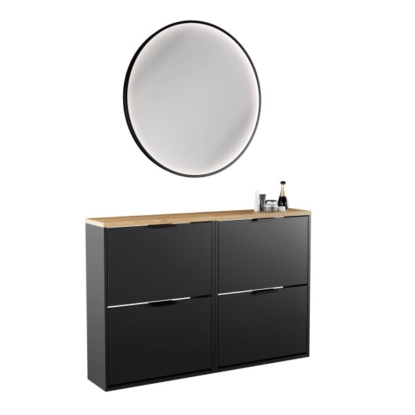 Schuhschrank STIVIO 2x 2 Klappe Schwarz 60 cm, LED Spiegel rund mit Rahmen 80 cm (3 Lichtstufen)