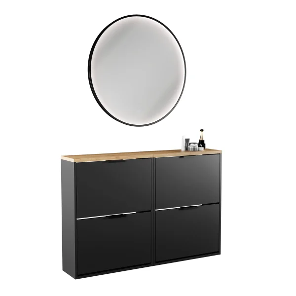 Armoire à chaussures STIVIO 2x 2 portes battantes, noire, 60 cm, miroir rond à LED avec cadre, 80 cm (3 intensités déclairage)
