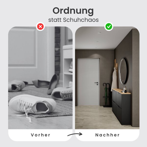 Schuhschrank STIVIO 2x 2 Klappe Schwarz 60 cm, LED Spiegel rund mit Rahmen 80 cm (3 Lichtstufen)