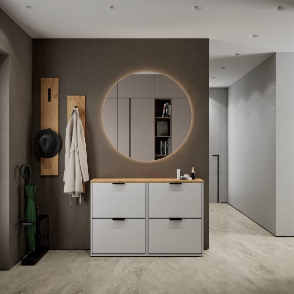 Schuhschrank STIVIO 2x 2 Klappe Weiß Grau 60 cm, LED Spiegel rund ohne Rahmen 100 cm (2 Lichtstufen)