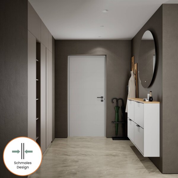 Schuhschrank STIVIO 2x 2 Klappe Weiß Grau 60 cm, LED Spiegel rund ohne Rahmen 100 cm (2 Lichtstufen)