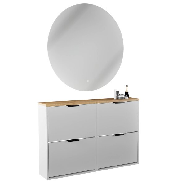 Schuhschrank STIVIO 2x 2 Klappe Weiß Grau 60 cm, LED Spiegel rund ohne Rahmen 100 cm (2 Lichtstufen)