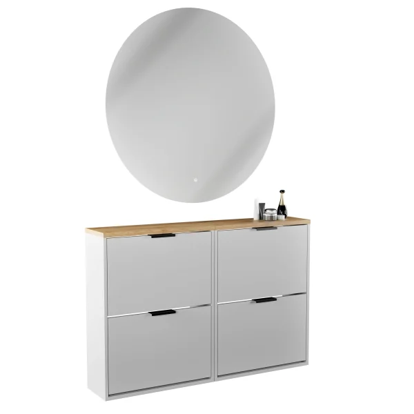 Armario para zapatos STIVIO, 2 puertas abatibles, blanco y gris, 60 cm; espejo redondo con LED sin marco, 100 cm (2 intensidades de luz)