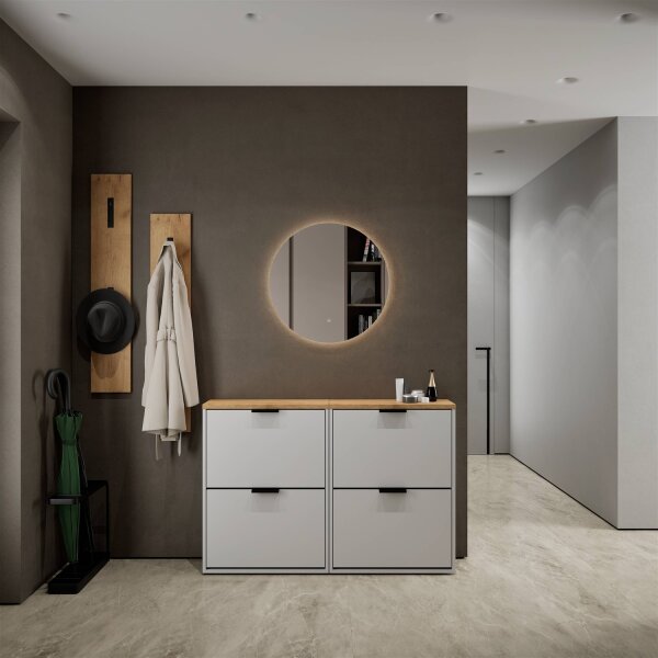 Schuhschrank STIVIO 2x 2 Klappe Weiß Grau 60 cm, LED Spiegel rund ohne Rahmen 60 cm (2 Lichtstufen)