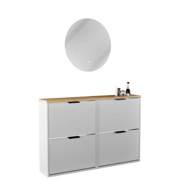 Armario para zapatos STIVIO con 2 puertas abatibles, blanco y gris, 60 cm; espejo redondo con LED sin marco, 60 cm (2 intensidades de luz)