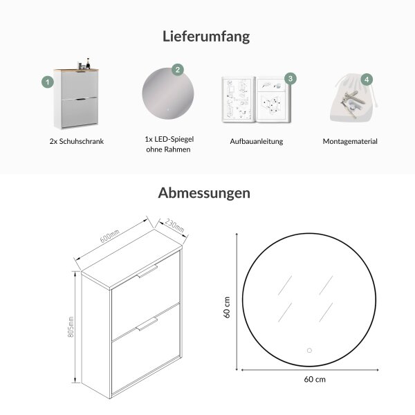 Schuhschrank STIVIO 2x 2 Klappe Weiß Grau 60 cm, LED Spiegel rund ohne Rahmen 60 cm (2 Lichtstufen)