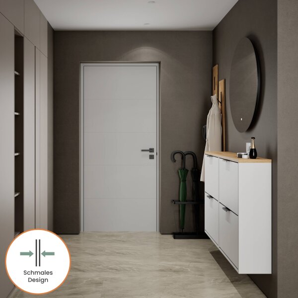 Schuhschrank STIVIO 2x 2 Klappe Weiß Grau 60 cm, LED Spiegel rund ohne Rahmen 80 cm (2 Lichtstufen)