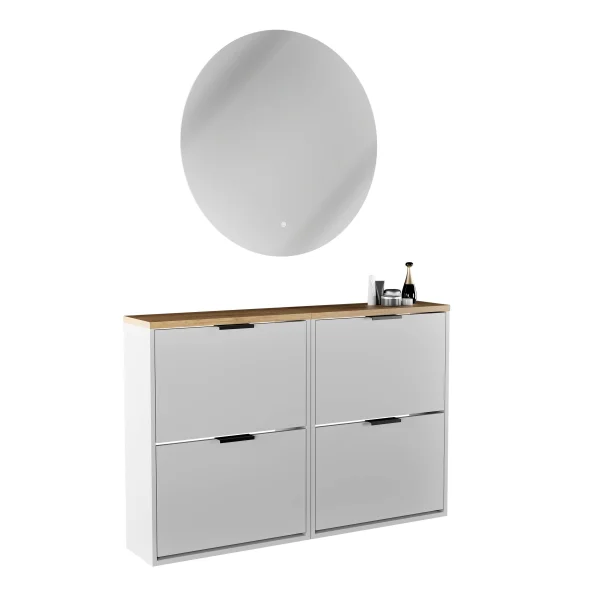 Armario para zapatos STIVIO, 2 puertas abatibles, blanco y gris, 60 cm; espejo redondo con LED sin marco, 80 cm (2 intensidades de luz)