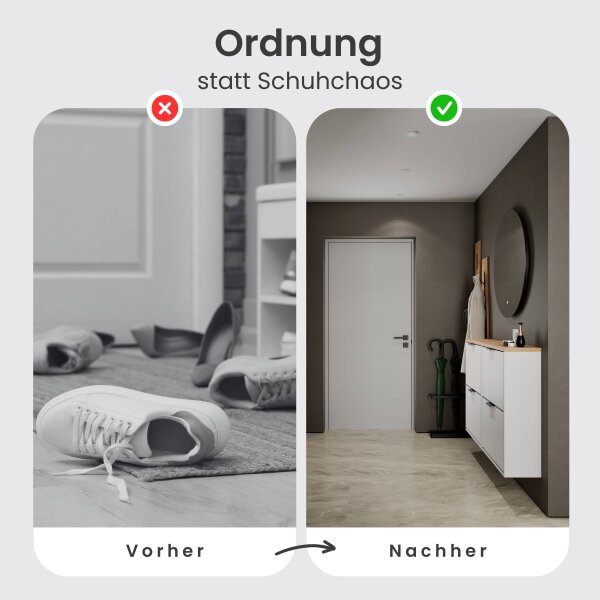 Schuhschrank STIVIO 2x 2 Klappe Weiß Grau 60 cm, LED Spiegel rund ohne Rahmen 80 cm (2 Lichtstufen)