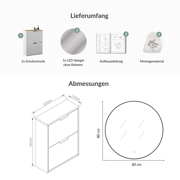 Schuhschrank STIVIO 2x 2 Klappe Weiß Grau 60 cm, LED Spiegel rund ohne Rahmen 80 cm (2 Lichtstufen)
