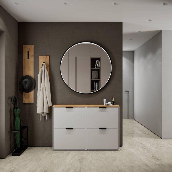 Schuhschrank STIVIO 2x 2 Klappe Weiß Grau 60 cm, LED Spiegel rund mit Rahmen 100 cm (3 Lichtstufen)