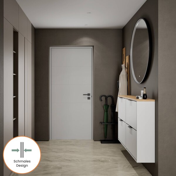 Schuhschrank STIVIO 2x 2 Klappe Weiß Grau 60 cm, LED Spiegel rund mit Rahmen 100 cm (3 Lichtstufen)