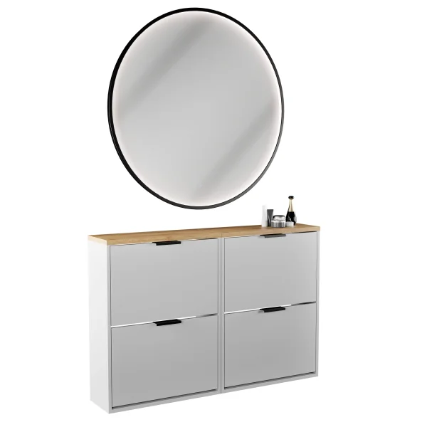 Scapolo per scarpe STIVIO 2x 2 ante a ribalta bianco-grigio 60 cm, specchio rotondo con cornice e illuminazione a LED 100 cm (3 livelli di luminosità)